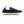 A navy blue knit slip-on sneaker with matching navy laces and a contrasting off-white sole, shown from a side profile on a white background.